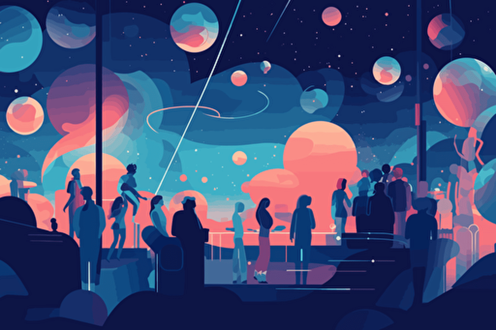 cool night club party on a fictional planet, vector art, flat colors, pastel colors, minimalistic,