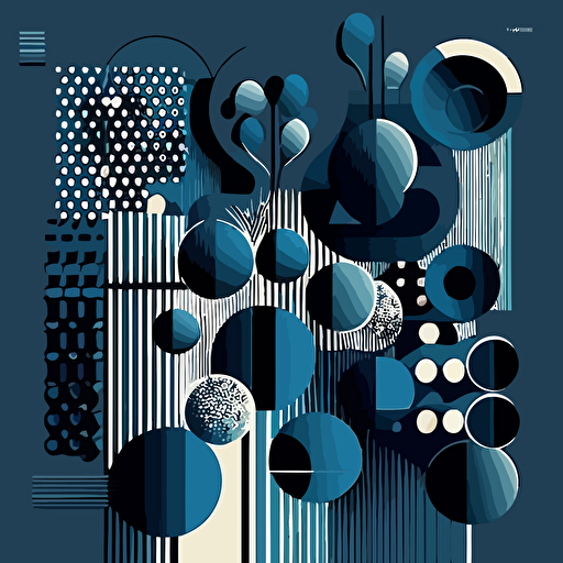 Design a visually striking vector illustration that showcases the transformation process from atoms to pixels. Utilize a dark blue color scheme and flat vector shapes, drawing inspiration from Victor Vasarely's iconic style. Incorporate geometric shapes and patterns in a way that creates a sense of depth and movement, while avoiding shades and gradients. Experiment with different shapes and sizes to create a dynamic and engaging piece of art.