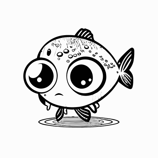 cute fish in farm, big cute eyes, pixar style, simple outline and shapes, coloring page black and white comic book flat vector, white background