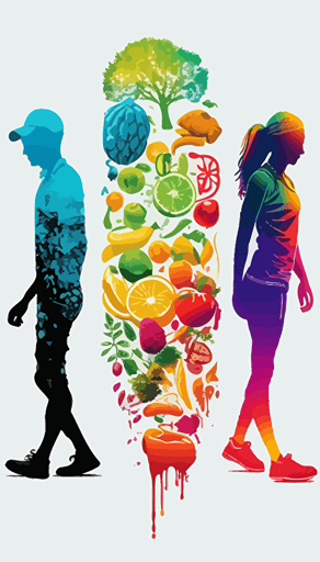 3 different people walking, consuming fruits and vegetables and sleeping, vector, drawing, positive