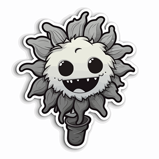 a sticker that shows a cute creature 2d cartoon that looks like a sunflower, eating an ice cream, in black and white vector