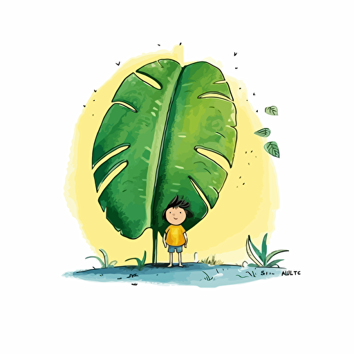 vector logo design, childs drawing, kid hiding on a big green leaf, cute drawing, Quentin Blake style