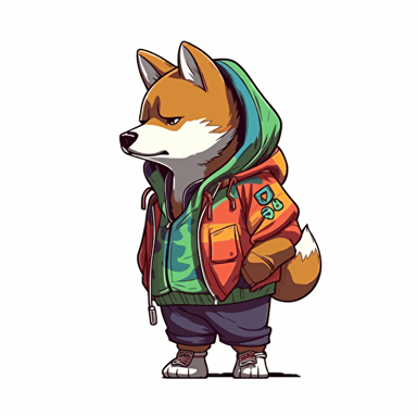 2/3 left side profile shot, medium shot, cartoon 2d, Shiba Inu rasta outfit, cartoon anime, gummy colors, Vector illustration, white background