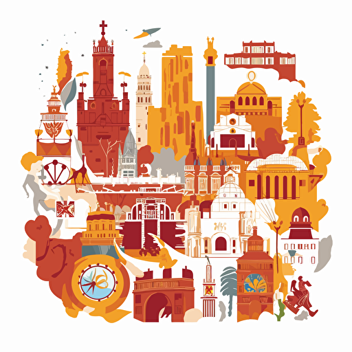 Spain attractions, vector sticker design, white outline, super crisp edges