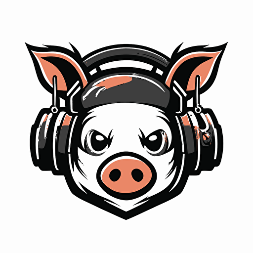 mascot logo of a face of a dj pig with earphones, esports style, black and white, 2D vector logo, flat, white background,