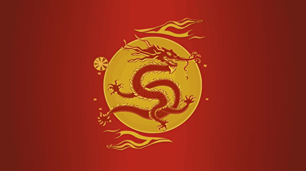 red and gold dragon flag, chinese stars, futuristic and minimalistic government flag design, vector emblem