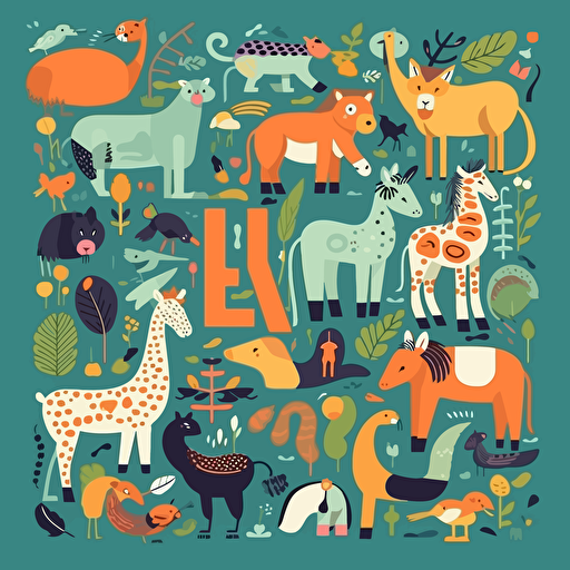 A Flat Vector Illustration of colorful alphabet clip art with animals, for educational purposes.::