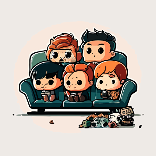 vector image, cartoon style, a group of chibi people sitting on a couch watching a television