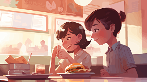 35 year old asian mother having burgers and fries with her 10 year old son at an american restaurant, happy bonding with each other, smiling, Clean Cel shaded vector art by lois van baarle, artgerm, Helen huang, by makoto shinkai and ilya kuvshinov, rossdraws, illustration