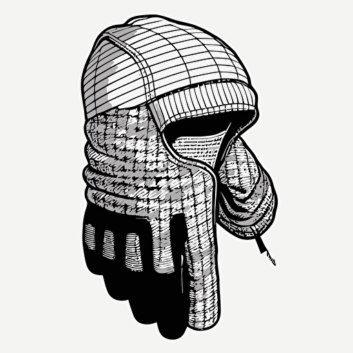2D vector-line-art in black and white of a beanie and gloves. (Keep hat and gloves seperated, not touching each other. No persons in image). Keep design simple