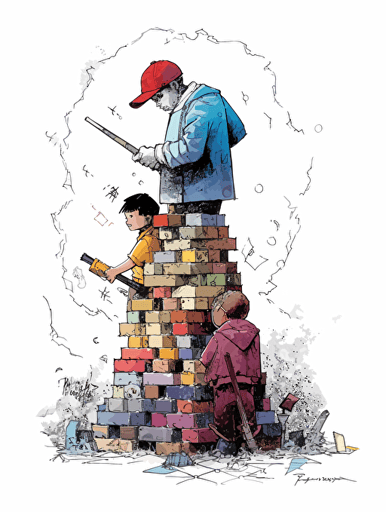 Ben Shahn, American art comic book inner paper and LEGO bloc style. There are an Asian young climate activist, a delivery rider, a female human rights activist, and a worker, and they imagine a "hammer" together on a big stage, hammer illust in a thought cloud, non-letter illustration. white background, vector imagination