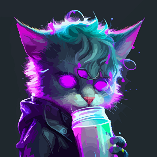 vector art, vectors, cyberpunk, neon, badass cyber cat drinking milk, face up close, menacing cute look, simple, 2d, pastel