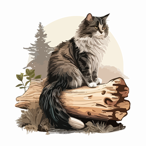 norwegian forest cat sitting on a log illustartion svg vector style