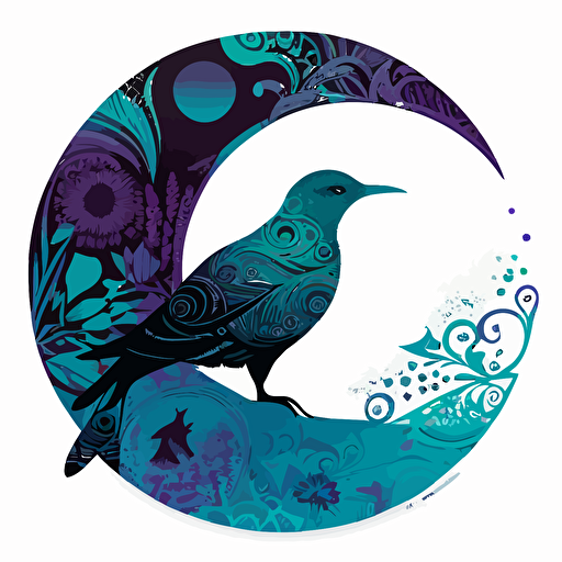 a petrel covered in beautiful detailed aboriginal and Māori designs, in teal, purple and blues on a white background in a half circle. Vector style.