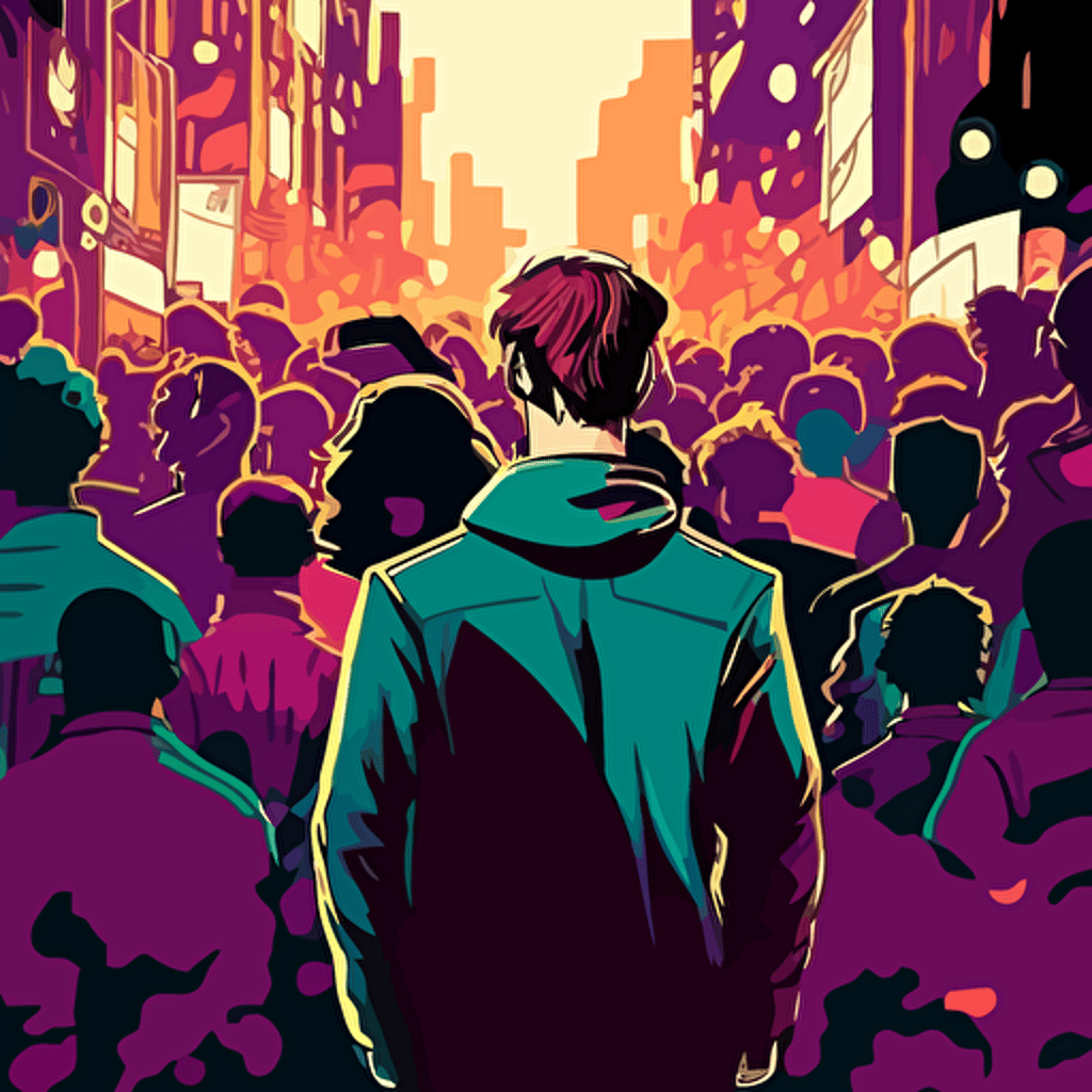 a young man feeling invisible in a crowd in a city, emotional color pallete, vector illustration, wide angle, ultra wide angle
