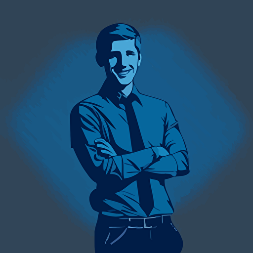 silhoette of professional young gaffer, facing camera, arms crossed, smiling, sleeves rolled up, blue color, gray background, simple design, vector style, white outline over silhouette