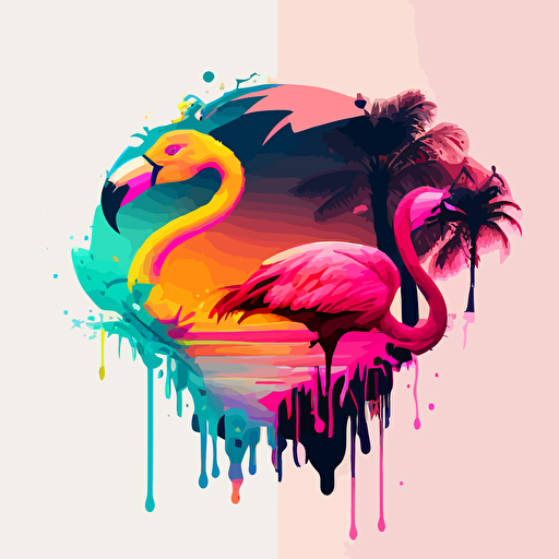 toucan and flamingo comparing to each other::vector, illustration, colorful, vaporwave colors::no background color