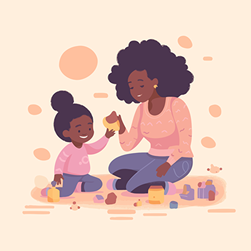 black mom and toddler play together, pastel, vector style, behance