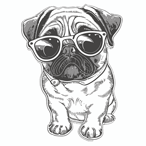 sticker, Cool Happy Pug with sunglasses, kawaii, contour, vector, white background