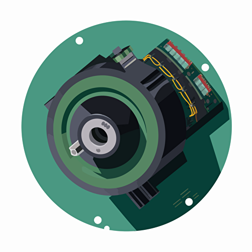 A flat 2d vector art of a brushless motor connected to a pcb. Vector art logo, round.