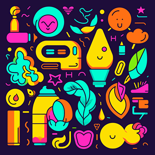 creativity in vector art, cartoon style, duolingo style, objects with a black stroke, beautiful colors, pastel and neon background