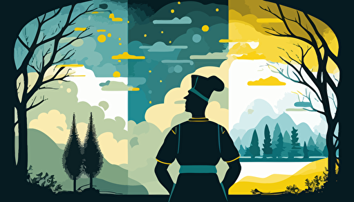 flat modern style illustration, baker silhouette with positive calm colors blue and yellow and green, calm view on background, 2d vector