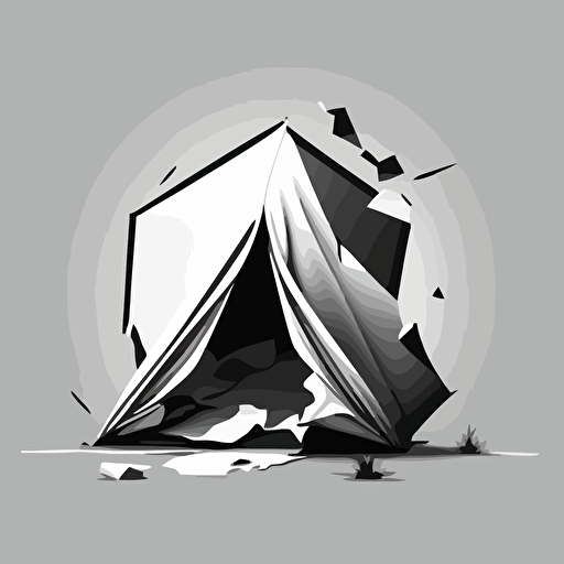 a broken pop-up vendor tent that ripped and one of the tent legs is broken. Black and white vector illustration.