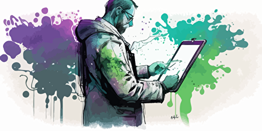 a WATERCOLOR AND ink vector designmilk illustration of a doctor using an ipad palette is mainly purple and light blue with small amounts of green