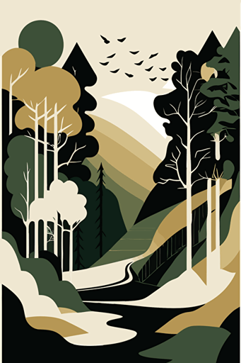 Forest green and beige landscape, Abstract Minimalist art, vector, contour