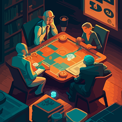 Influenced by the board game Monopoly, create a vector illustration of Satoshi Nakamoto and a group of people playing a cryptocurrency-themed board game, where the players compete to build decentralized empires. Set the scene during a friendly game night.