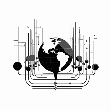 vector art, surreal design, cyber sigil, flat design, black and white, white background, a straight line of wires connecting a computer to a globe in a straight line