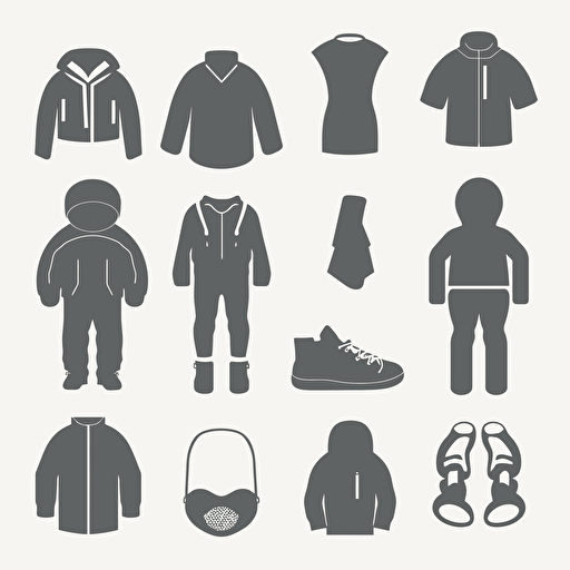 A collection of pictograms consisting of: a pair of shoes, a bagpack, pants, jacket, a beanie, gloves. The collection is meant to be easy to understand with easy shapes. Targetgroup: Kids age 3 to 7, gender-neutral. Specifications of image: Vector-art in 2D. No colors. Black and white only.