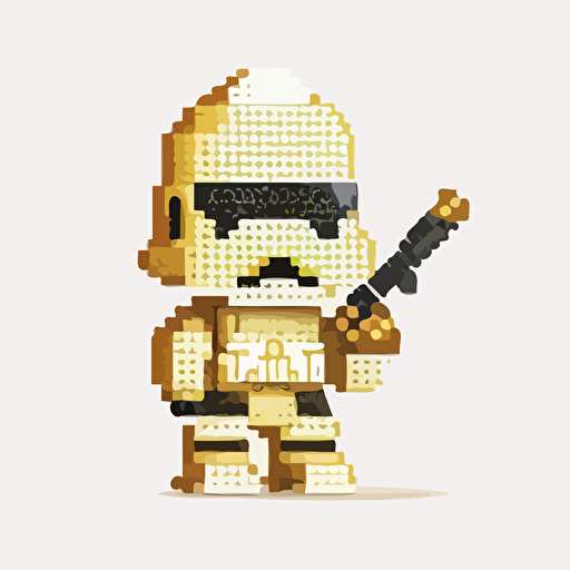 Pixelated baby golden stormtrooper, lofi, goofy looking, smiling, white background, vector art , pixar style
