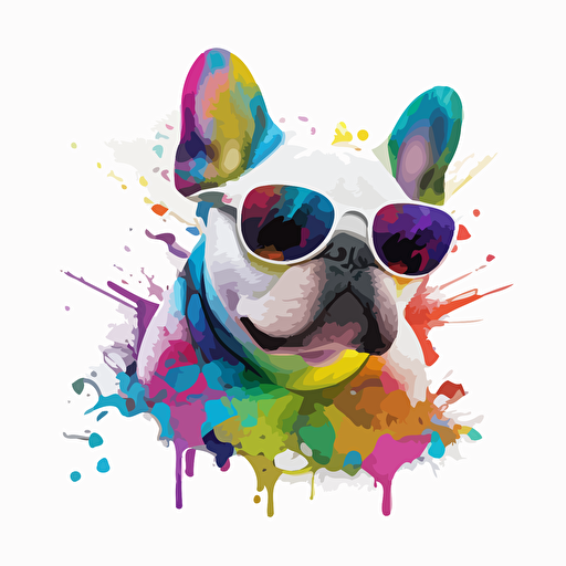 a very cute white french bull dog wearing big sunglasses, as a cartoon type, as a vector, white background, bright graffiti colors