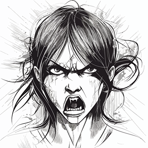 horror angry girl black and white vector lineart on white bg
