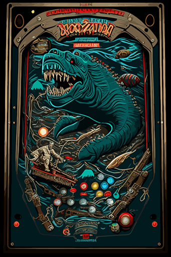 1980 pinball playfield art, gorilla fighting a shark, vector style