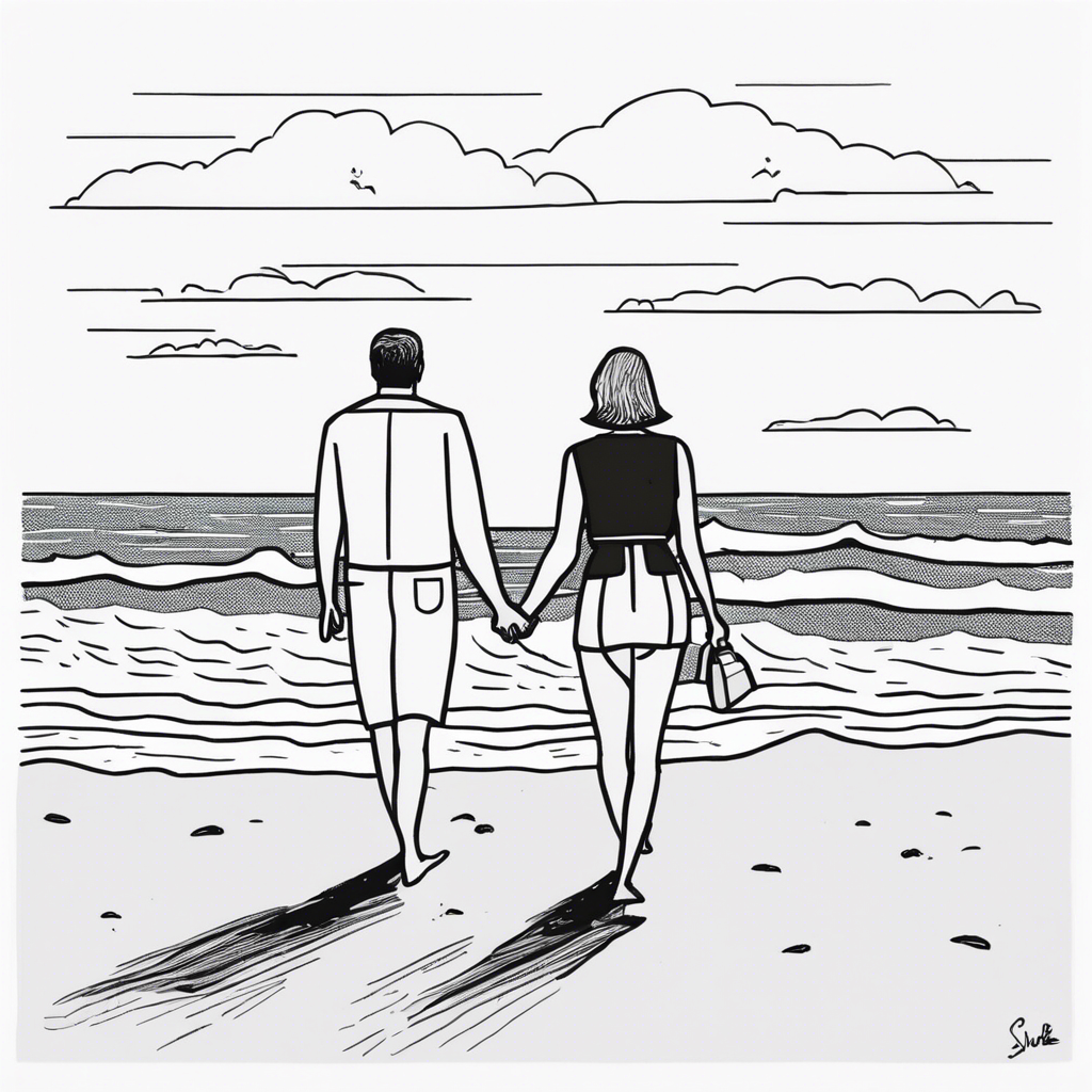 Couple walking hand in hand on a beach.