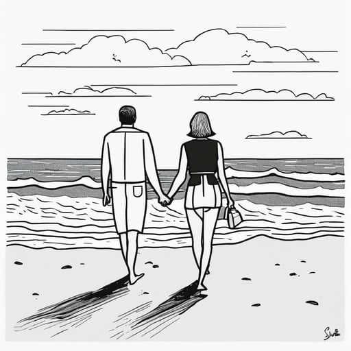 Couple walking hand in hand on a beach.