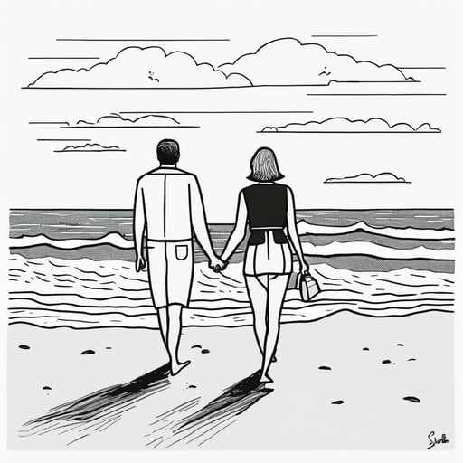 Couple walking hand in hand on a beach.