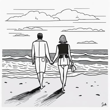 Couple walking hand in hand on a beach.