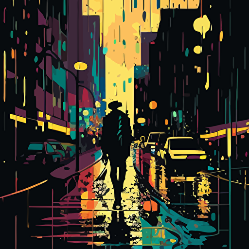 Drawing from Jackson Pollock's drip paintings, design a vector illustration of a bustling city street after a rainstorm, where the puddles reflect the colorful, abstract patterns created by the city lights. Set the scene during a twilight hour.