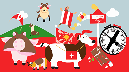 vector art of a happy Swiss world with Swiss flag, Swiss cow with bell, Swiss Bells, Swiss Chocolate, Swiss watches, Swiss dog, Swiss cheese,