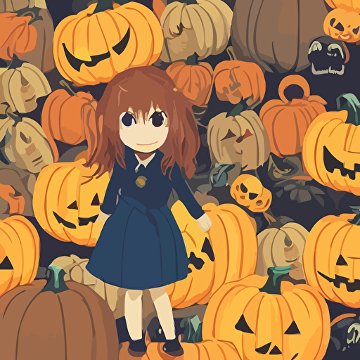 little girl long golden blonde hair sitting pile halloween pumpkins skulls clean cel shaded vector art behance hd lois van baarle artgerm helen huang makoto shinkai ilya kuvshinov rossdraws illustration art ilya kuvshinov