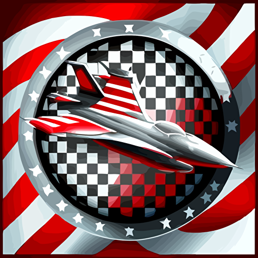 red, white, black, chess board, silver fighter jet in circle, badge, american flag, stars, stripes, jet plane, vector art, illustration, 2d, detailed,