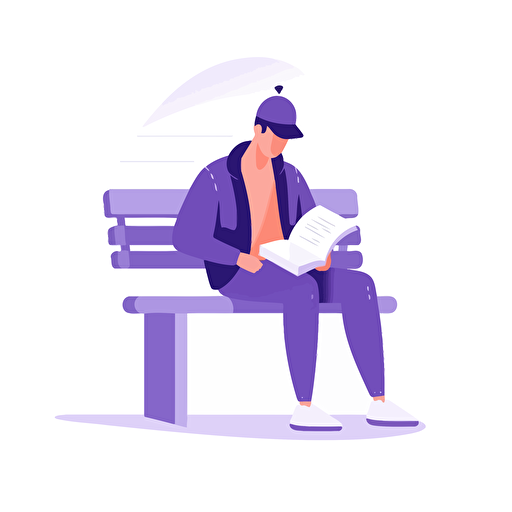A young man sitting on a bench reading a book. Artsy flat vector illustration, light purples, white background