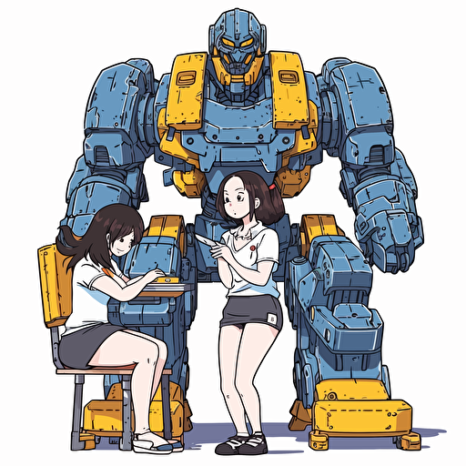A giant robot is helping an anime girl inspired by K-on to do barebell bench press with four plates, empty background, in the style of japanese animation, bright color, simple design, no background, empty background, wearing sbd gear outfit, facial expression displayed a strained expression, sweat dripping from the furrowed brow, toungue is out