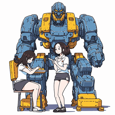 A giant robot is helping an anime girl inspired by K-on to do barebell bench press with four plates, empty background, in the style of japanese animation, bright color, simple design, no background, empty background, wearing sbd gear outfit, facial expression displayed a strained expression, sweat dripping from the furrowed brow, toungue is out