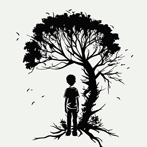 tall and skinny tree, with branches that twisted and turned in every direction. Black and White vector illustration. Also a little boy looking up at the tree