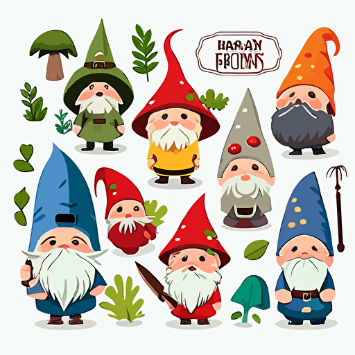 Vector sticker design, studio ghibli style gnomes clipart, white background, flat colors