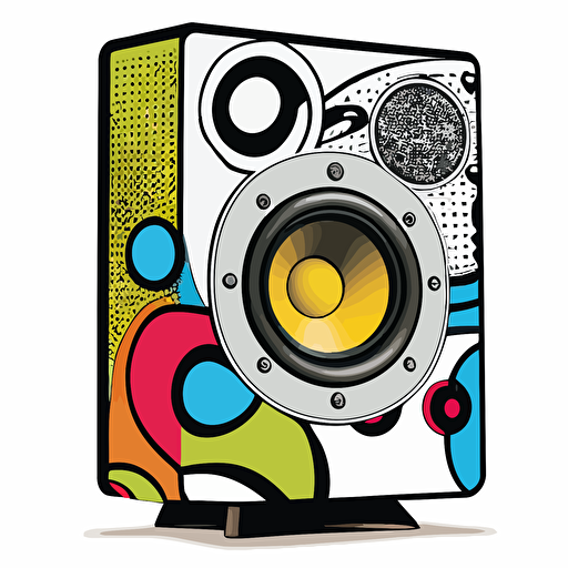 vector comic illustration in the style of Dave Gibbons of a floating high end stereo speaker facing forward, with a single woofer and tweeter on the speaker, and a 2pt black stroke outline around the image, colorful, Dave Gibbons-inspired art on a white background